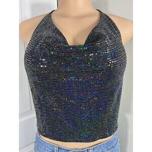 NEW Chocolate Y2K Bling Top Juniors sz L club party halter black backless crop